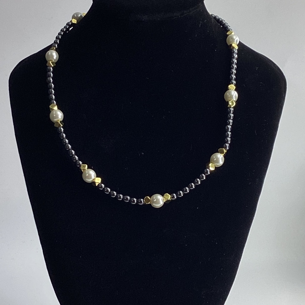 ✨ Mama Helen’s Handmade Grey Hematite & White Pearl Necklace – One-of-a-Kind ✨